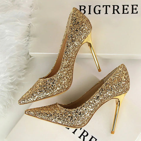 2024 summer new European style women's shoes high heels shallow mouth pointy glitter sexy slim nightclub high heels single shoes