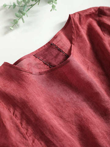 Women Summer Vintage Solid Drawstring Loose Shirt+Skirt