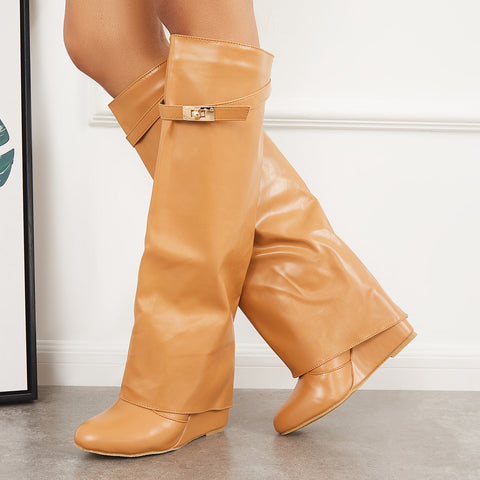 Women Pointed Toe Fold Over Wedge Heel Knee High Boots