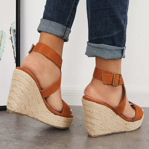 Criss Cross Ankle Strap Espadrille Wedge Platform Sandals