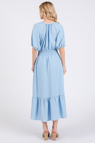 Blue Elastic Waist Tie Neck Puff Sleeve Midi Resort Dress