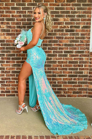Purple Spaghetti Straps Appliques Prom Dress with Slit