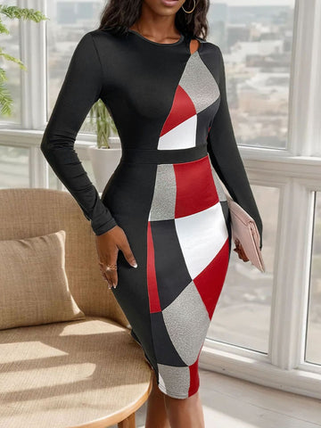 Kleid mit Rundhalsausschnitt und langen Ärmeln in Farbblock-Optik