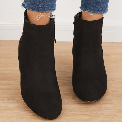 Chunky Block Mid Heel Ankle Boots Side Zipper Booties