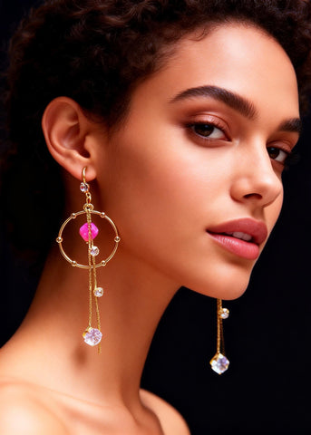 Boho Pink Zircon Tassels Long Drop Earrings