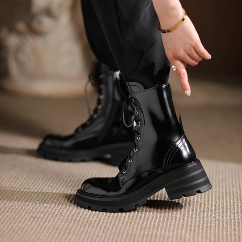 Women's Boots Autumn 2024 New British Style Genuine Leather Women's Ankle Boots Thick-soled Lace-up Shoes Women Platform Boots