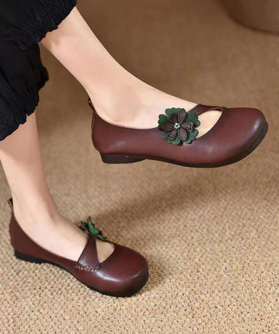Bequeme flache Schuhe aus Rindsleder mit Blumenmuster in Grün für Damen