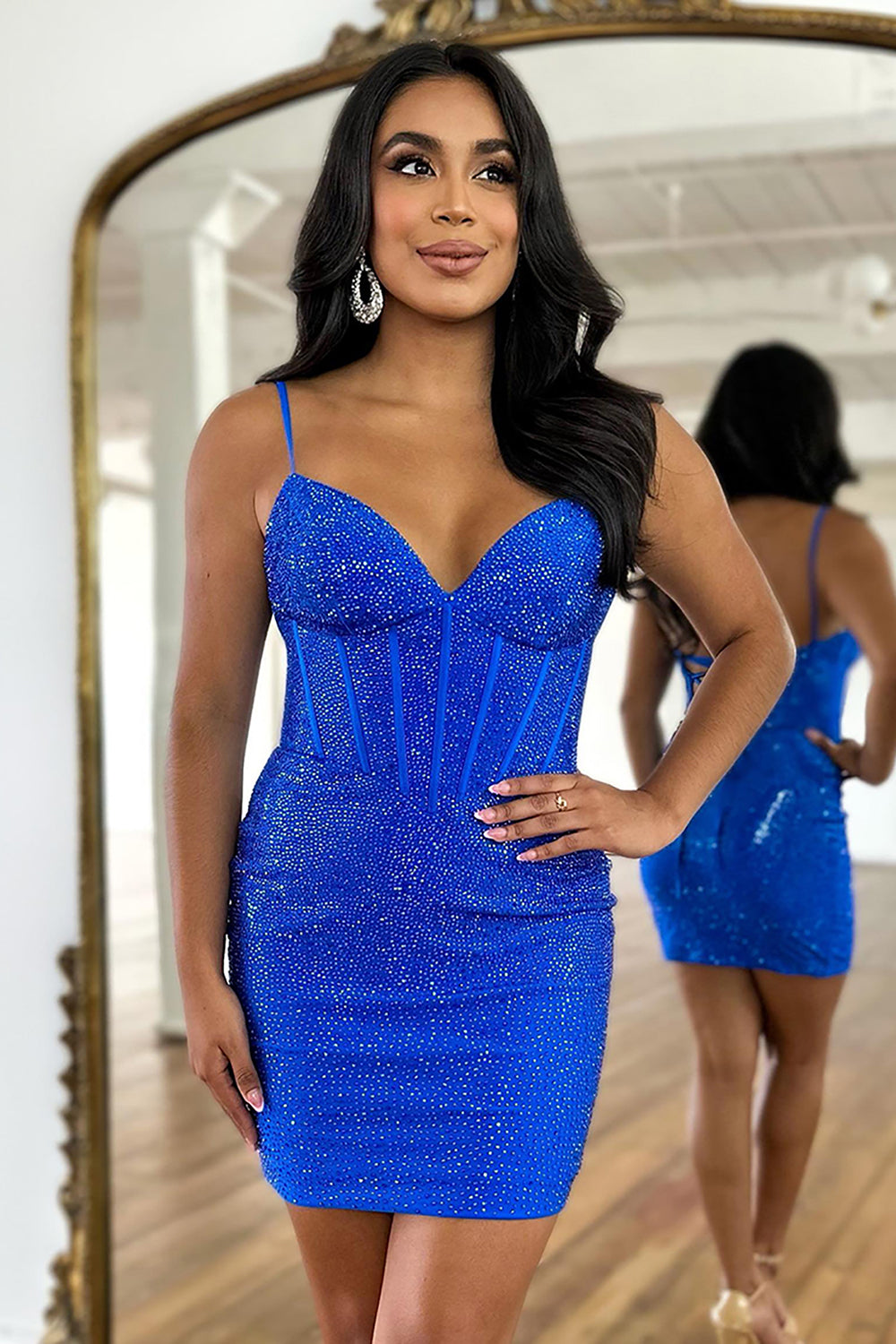 Sparkly Sheath Spaghetti Straps Navy Corset Homecoming Dress with Beading