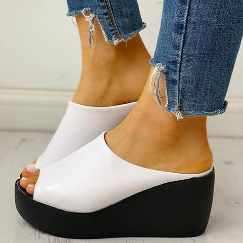 Chunky Platform Wedges Peep Toe Backless Mule Slide Sandals