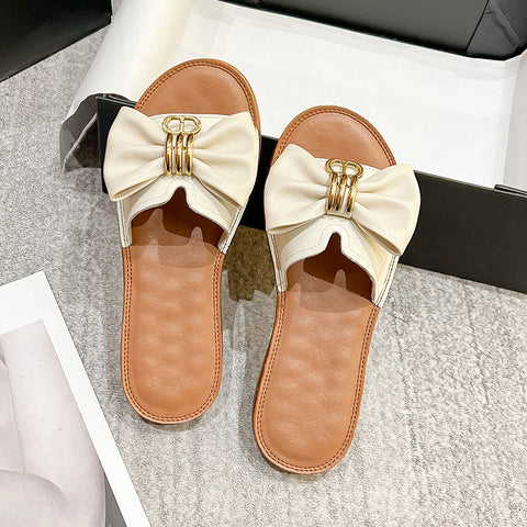 Women Summer Retro Fashion Leather Bowknot Slippers