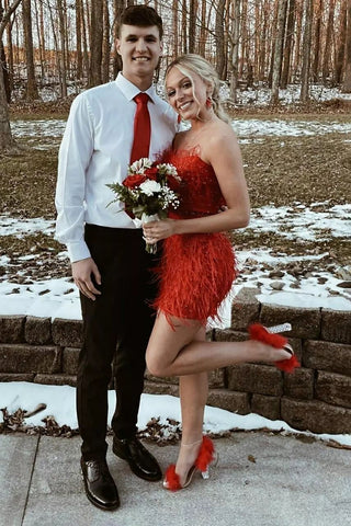 Sheath Strapless Red Short Homecoming Dress with Feather