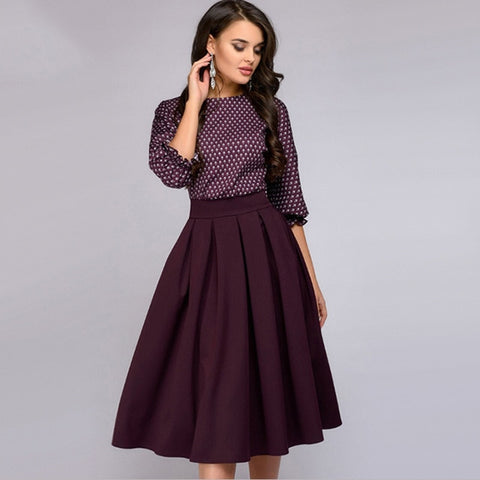 Herbst Vintage Kleid mit Laternenärmeln und Druck, elegantes, lässiges O-Ausschnitt-Kleid mit halblangen Ärmeln in A-Linie, Partykleider für Damen 
