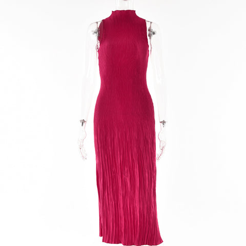 Women Pleated Dress Elegant Red Sleeveless Slim Party Dress