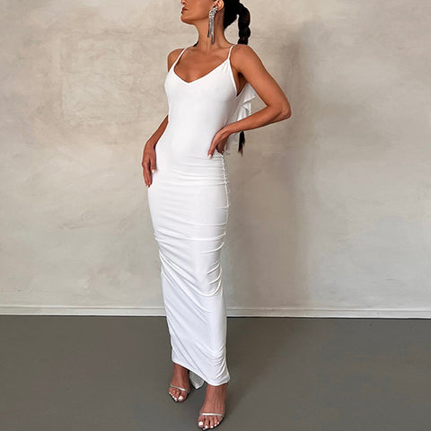 Gespleißtes langes Kleid mit Holzohrkante, offenem Rücken, V-Ausschnitt, engem Wickelkleid mit Hüftgurt, sexy, plissiertes Temperament, langes Kleid