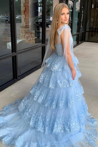 Tulle Appliques Tying Strap Ruffle Tiered Long Prom Dress