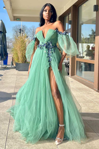 Tulle 3D Floral Lace Off-the-Shoulder A-Line Long Prom Dress