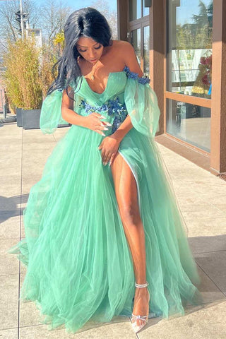 Tulle 3D Floral Lace Off-the-Shoulder A-Line Long Prom Dress