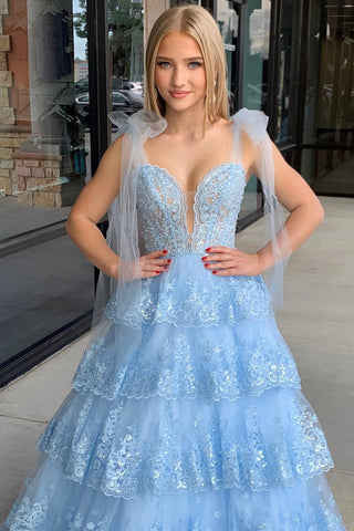 Tulle Appliques Tying Strap Ruffle Tiered Long Prom Dress