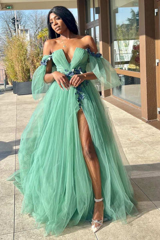 Tulle 3D Floral Lace Off-the-Shoulder A-Line Long Prom Dress