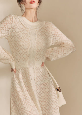 Jacquard Beige O-Ausschnitt Schmeichelnd Gestrickte Baumwollfaden Maxi Kleider Herbst