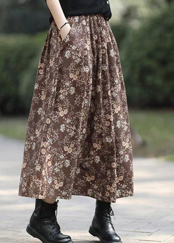 Vintage Coffee Print Elastic Waist Maxi Skirts Fall