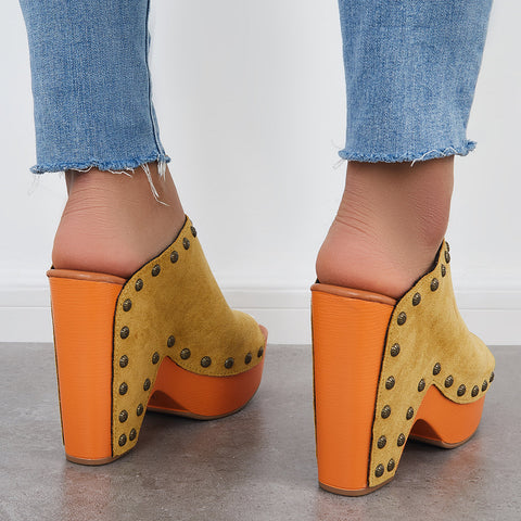 Retro Chunky Platform Heel Mules Slip on Sandals