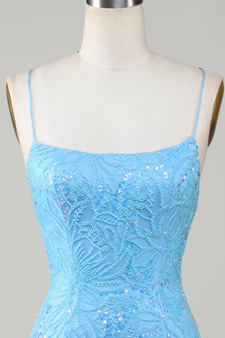 Funkelndes, blaues, figurbetontes, kurzes Homecoming-Kleid mit Spaghettiträgern und Perlen