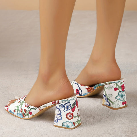 Floral Block Chunky Heel Mules Square Peep Toe Slide Sandals