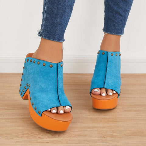 Retro Chunky Platform Heel Mules Slip on Sandals