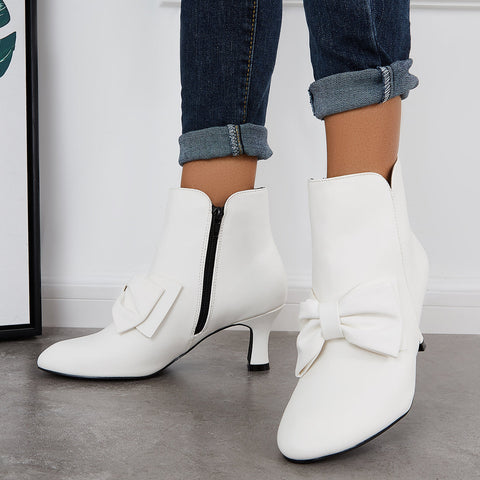 Bowknot Kittten Heel Ankle Boots Side Zipper Dress Short Booties