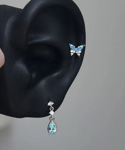Chic Blue Stainless Steel Butterfly Water Droplet Zircon Asymmetrical Drop Earrings