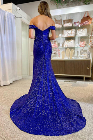 Undeniably Amazing Mermaid Off the Shoulder Royal Blue Sequins Long Prom Dress with Silt