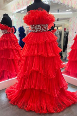 Trendy A-Linie trägerloses blaues langes Ballkleid mit Perlenbesatz
