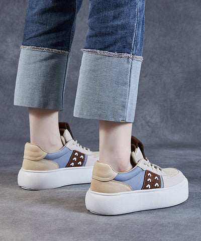 Beige Flache Schuhe Plattform Rindsleder Leder Casual Lace Up