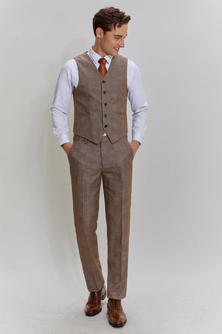 Brown Men's 3 Piece Plaid Prom Party Suits