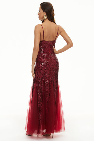 Sheath Spaghetti Straps Black Sequins Long Prom Dress
