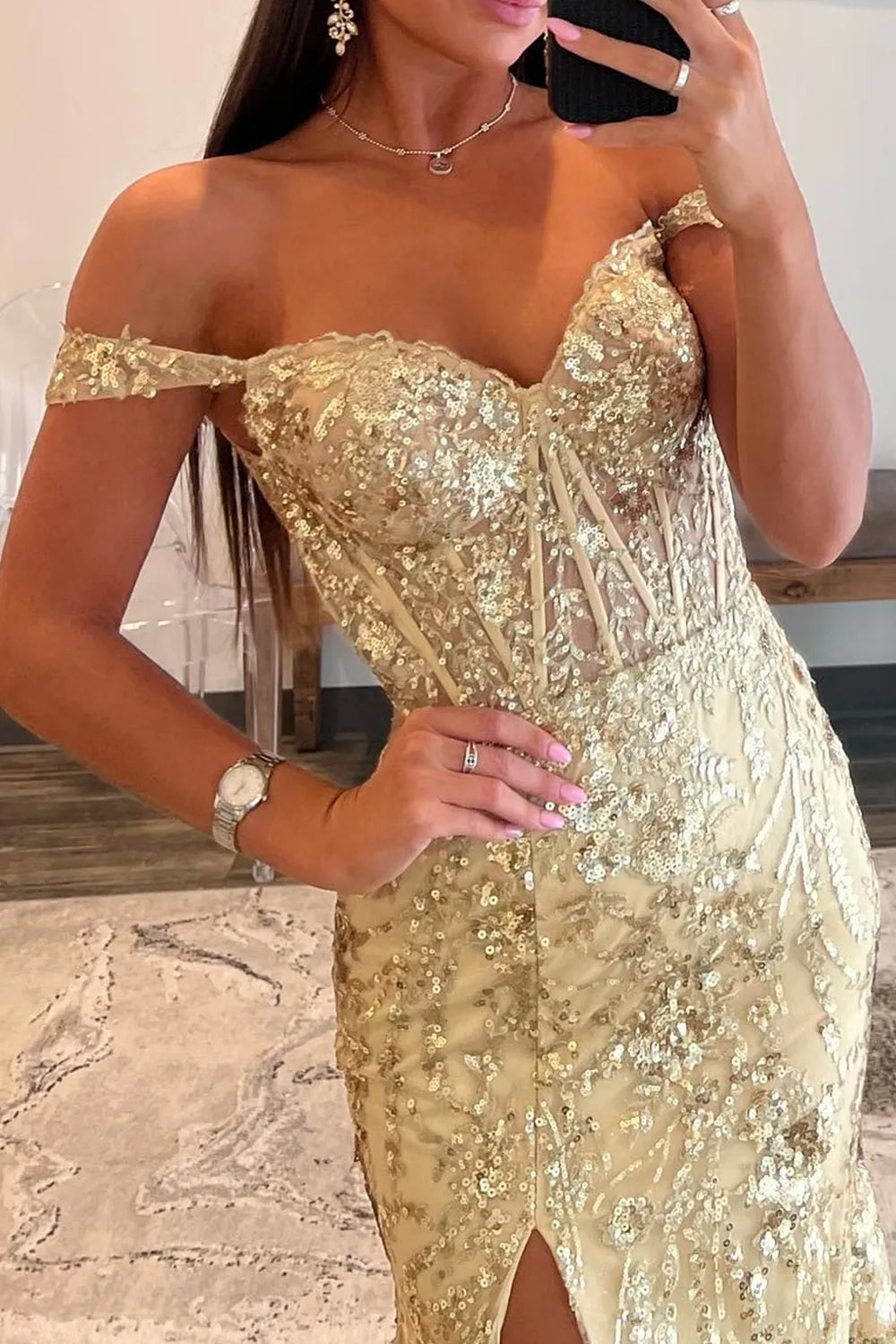 Sparkly Golden Off the Shoulder Mermaid Sequins Long Prom Dress with Slit