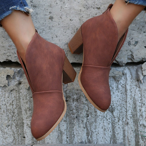Retro Western V Cut Ankle Boots Slip On Chunky Stacked Heel Booties