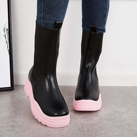 Platform Lug Sole Mid Calf Chelsea Boots Chunky Block Heel Booties