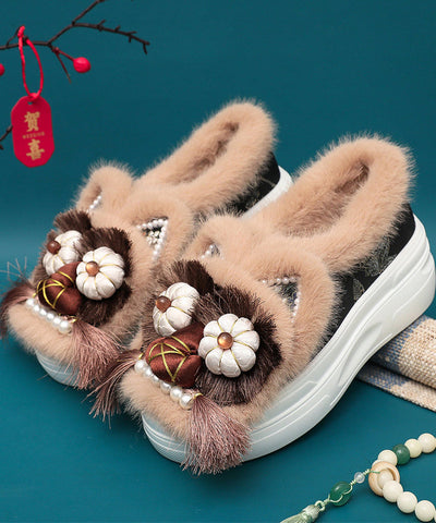 Handgemachte Spleißen Quaste Nagel Perle Plattform flache Schuhe Kaffee Fuzzy Wolle gefüttert