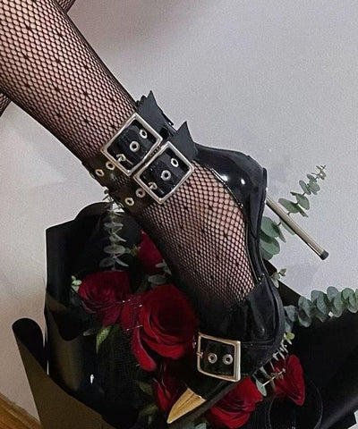 Black Sandals Stiletto Faux Leather Fashion Splicing Rivet