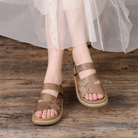 2022 Retro Leder Klett Hausschuhe Sandalen