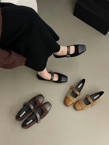 Runde Kappe Damen Loafer Mary Janes 2024 Neuheiten Mode Wohnungen Schwarz Braun Beige Nieten Design Casual Täglichen Schuhe Frau 35-39