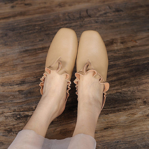 Women 2022 Vintage Leather Ruffle Trim Casual Slippers