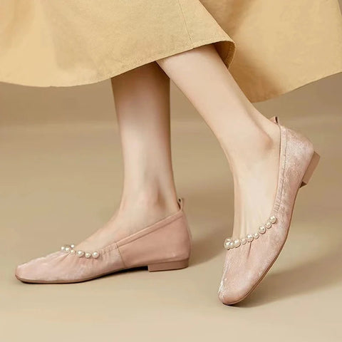 Women Bead Square Toe Flats Shoes Shallow Elegant Ballet Dance Soft Sole Shoes 2024 Autumn Dress Party Shoes Comfort Zapatos