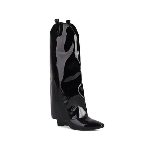 - Lackleder Weiße Kniehohe Stiefel Damen Keilabsatz Slip On Schwarz Rot Lange Stiefel Hosen Design Hosen Schuhe Große Größe 45