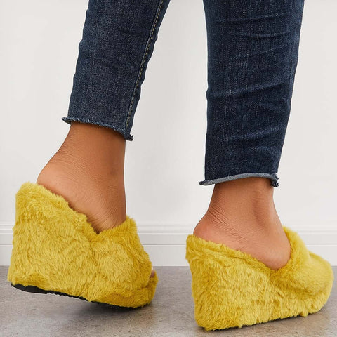Faux Fur Wedge Slippers Furry Platform High Heel Slide Shoes