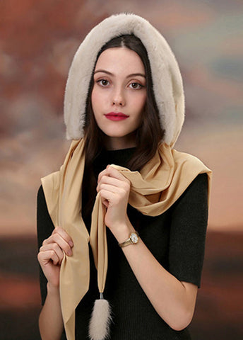 Damen Winter Beige Nerz Haar Schal Integrierte Mütze Neu