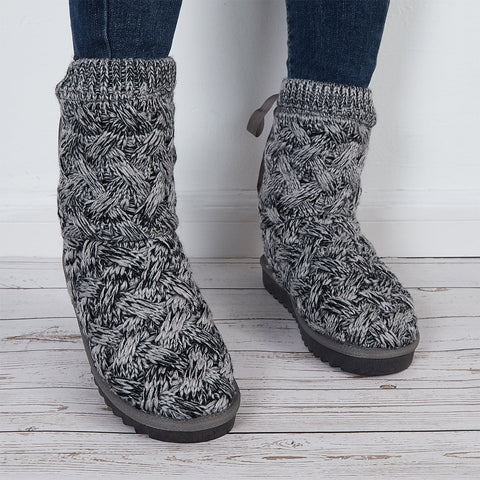 Knit Splicing Warm Ankle Boots Lace Up Winter Short Booties