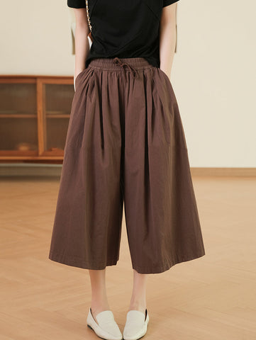 Women Summer Solid Pleat Pocket Loose Wide-leg Pants